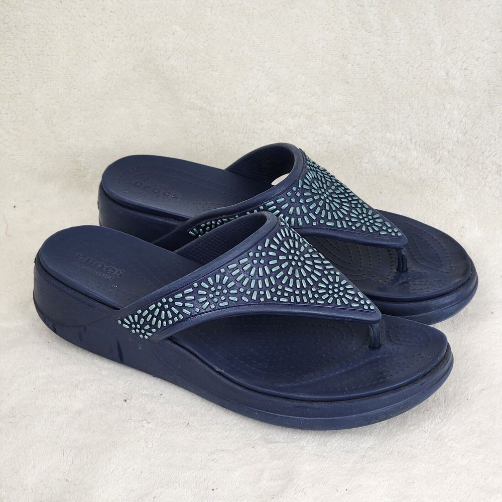 Crocs Monterey Womens Navy Wedge Embellished Thong Sandals Comfort Size 10